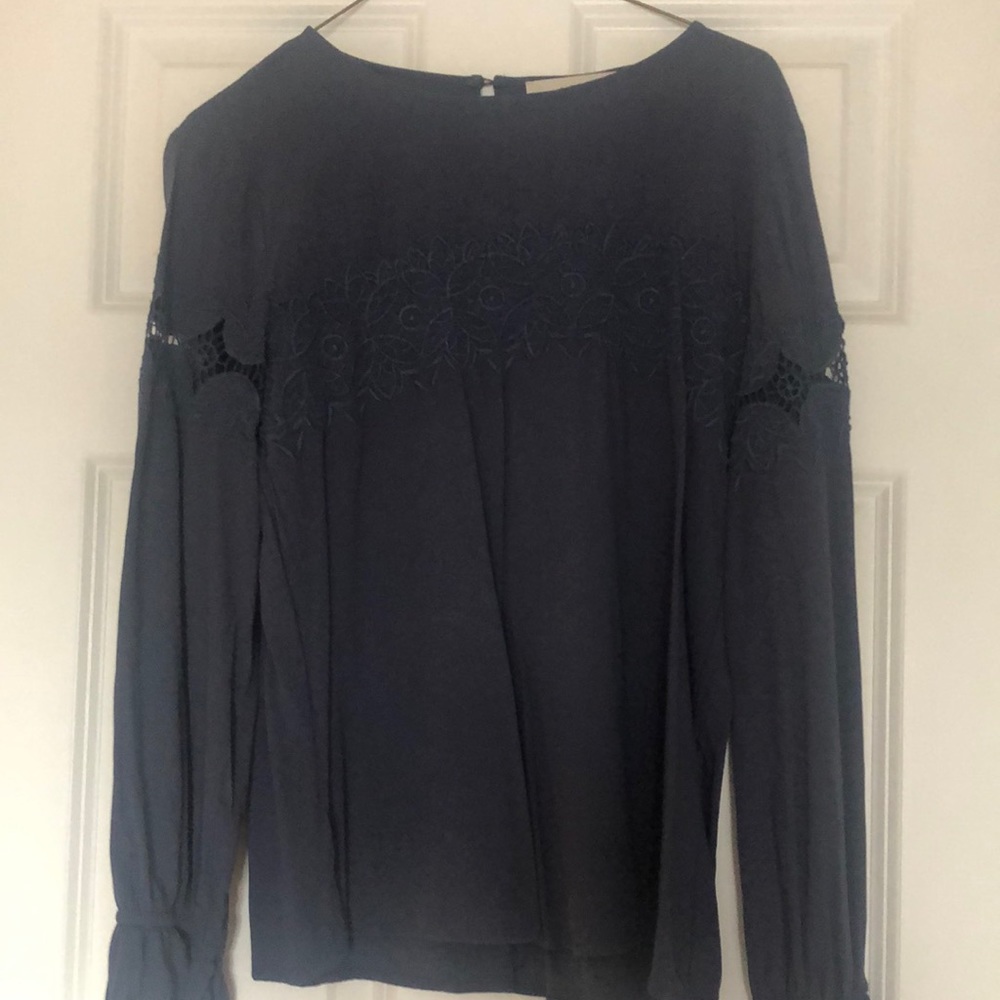 Loft long sleeve blue blouse, size small, flower embroidered front and sleeve